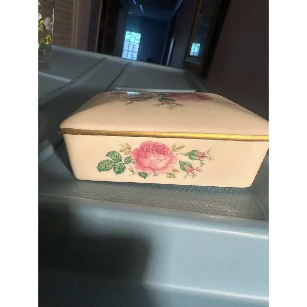 Vintage Porcelain Trinket Box Rose Pattern Jewelry Storage Holder